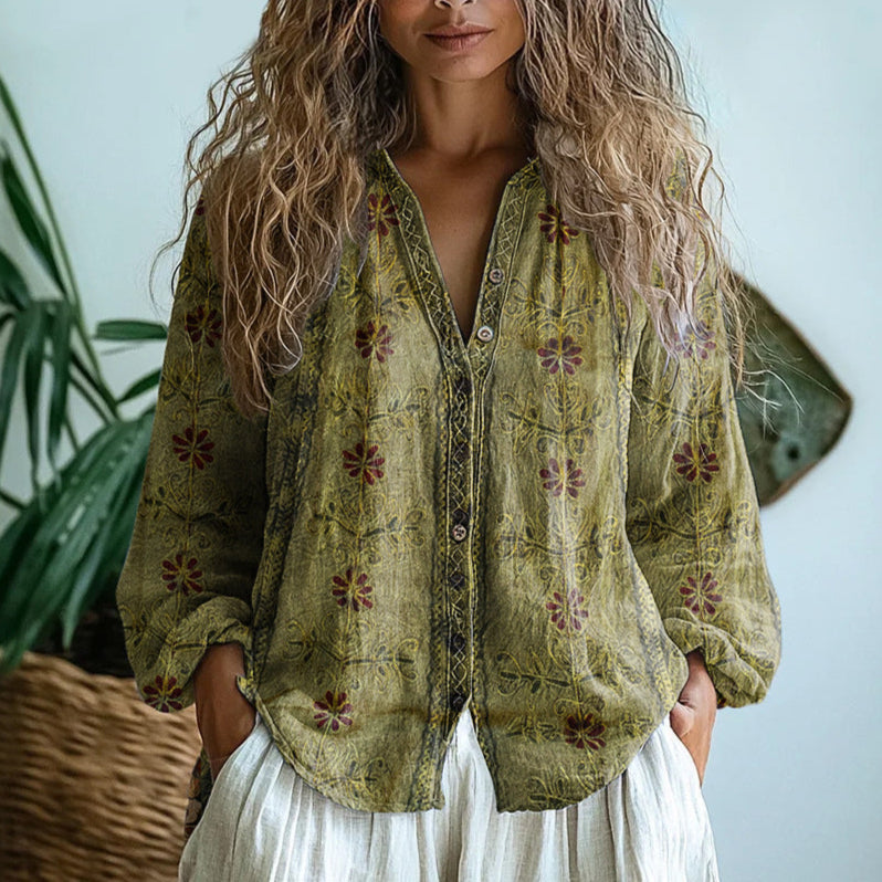 Dames Blouse met Bloemenprint - Top met V-Hals, Lange Mouwen en Knoopsluiting