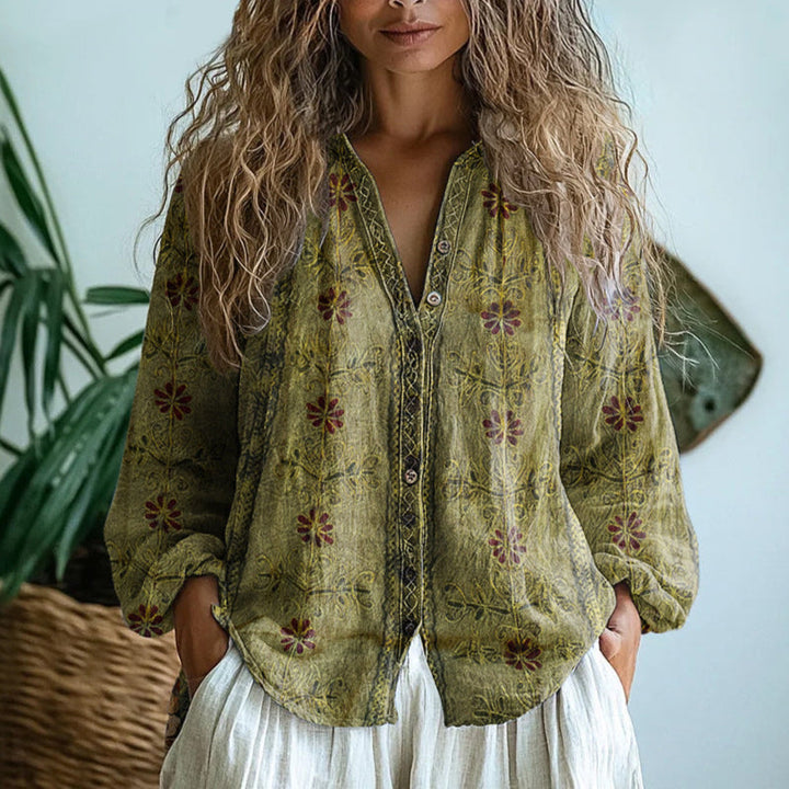 Dames Blouse met Bloemenprint - Top met V-Hals, Lange Mouwen en Knoopsluiting