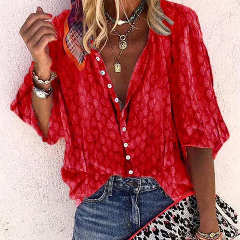 Dames Blouse met Knoopsluiting aan de Voorkant - Gestippelde Textuur