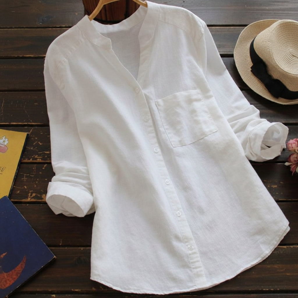 Dames Blouse met Lange Mouwen - Opstaande Kraag en Borstzak