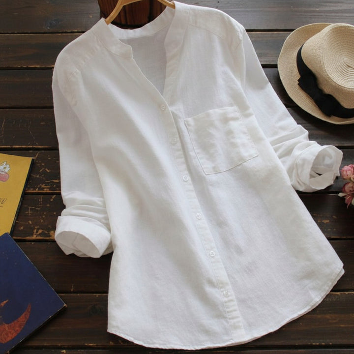 Dames Blouse met Lange Mouwen - Opstaande Kraag en Borstzak