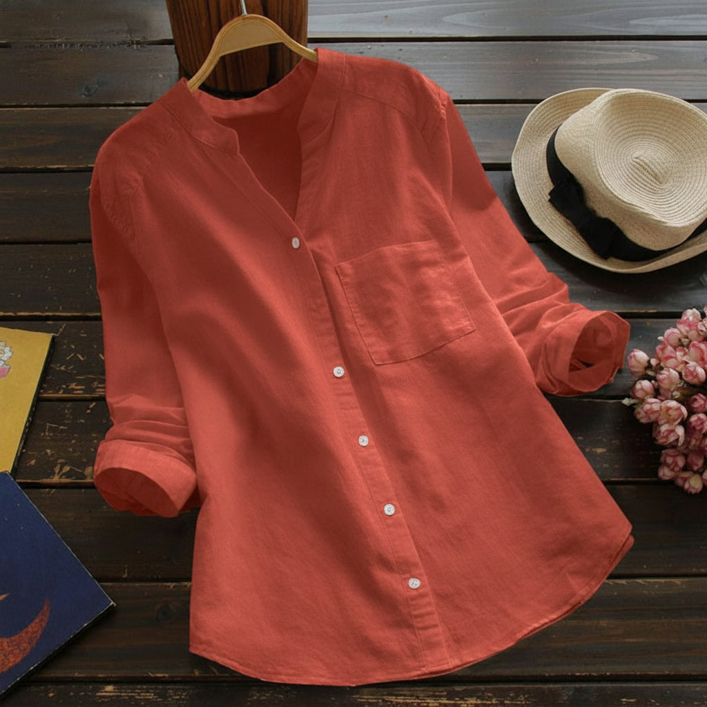 Dames Blouse met Lange Mouwen - Opstaande Kraag en Borstzak