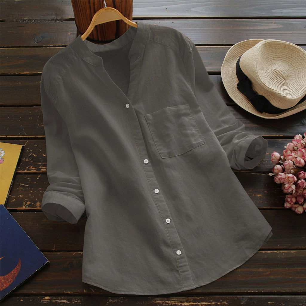 Dames Blouse met Lange Mouwen - Opstaande Kraag en Borstzak