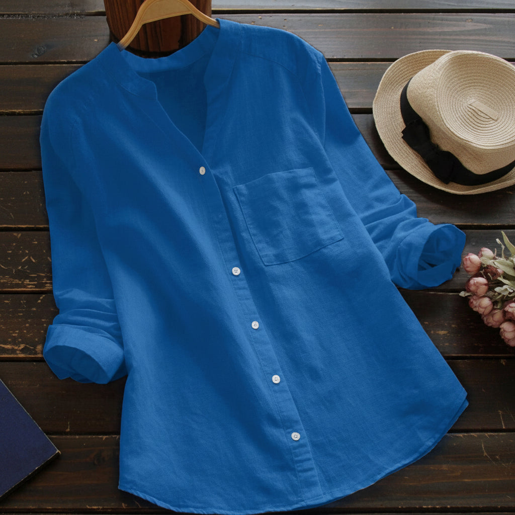 Dames Blouse met Lange Mouwen - Opstaande Kraag en Borstzak