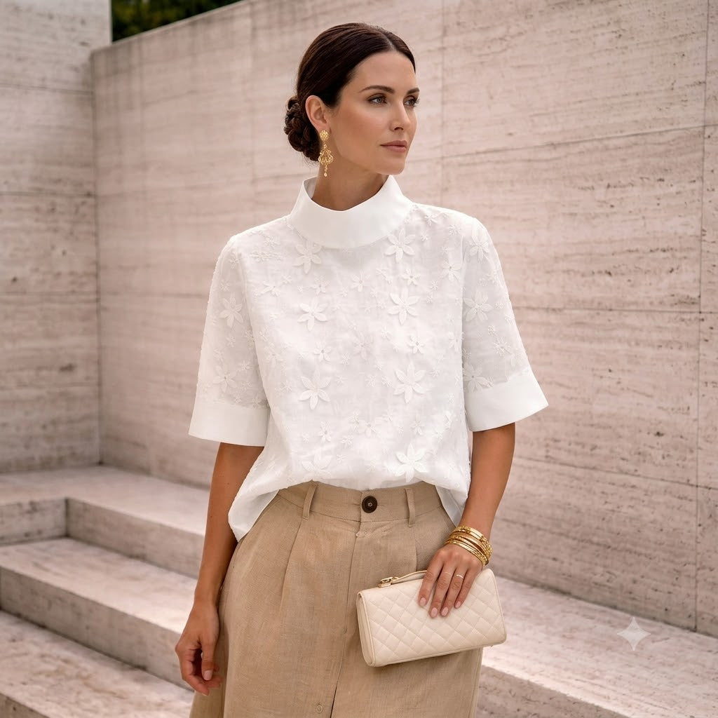 Dames Blouse met Opstaande Kraag - Top met Korte Mouwen en Geborduurde Details