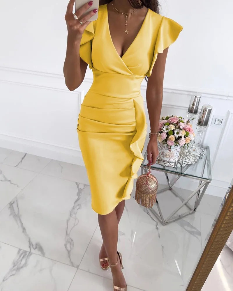 Dames Bodycon Midi Jurk met Ruches aan de Mouwen - V-hals