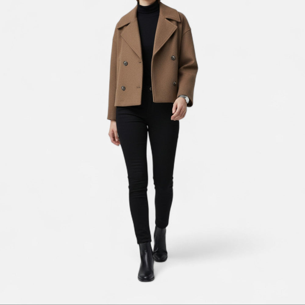 Dames Cropped Dubbelrijige Jas - Brede Reverskraag en Verlaagde Schouders
