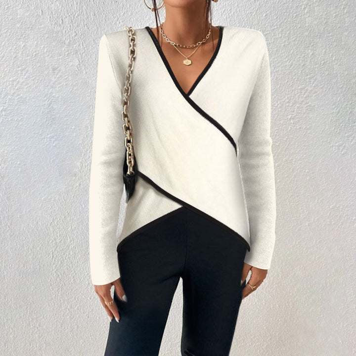 Dames Gebreide Top met Overslag - V-hals met Contrasterende Afwerking