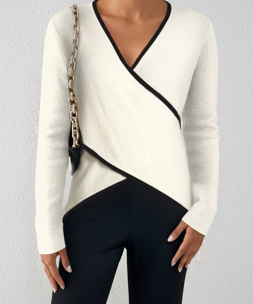 Dames Gebreide Top met Overslag - V-hals met Contrasterende Afwerking