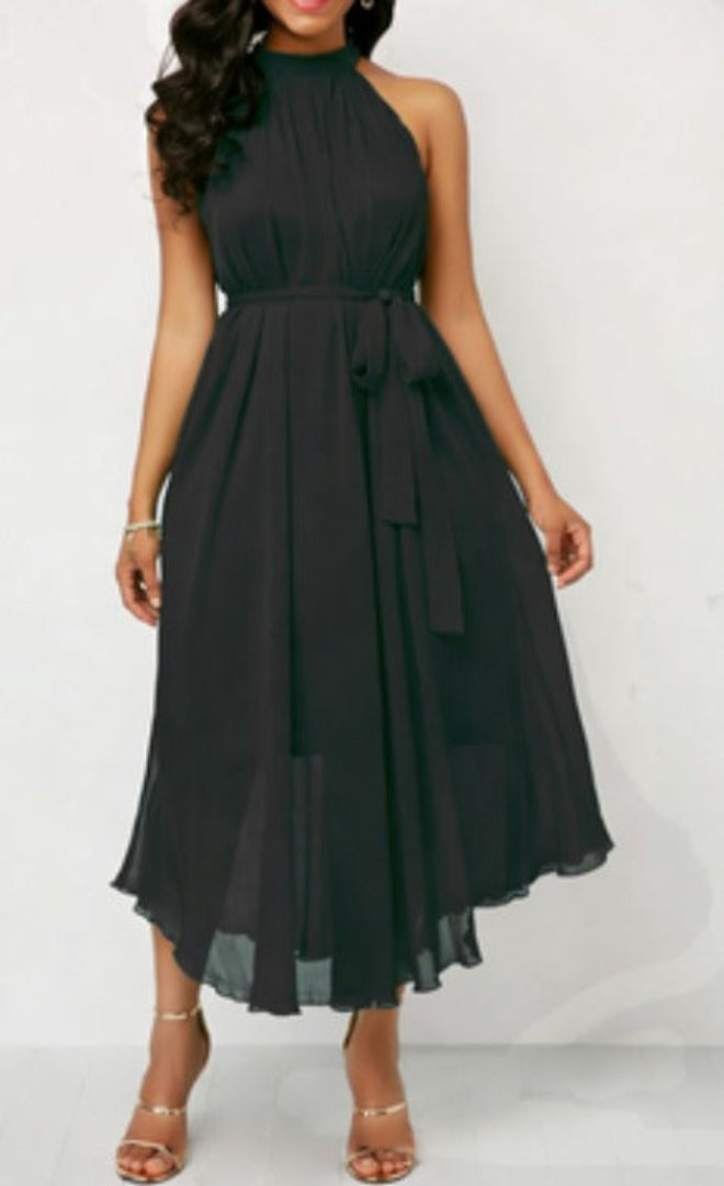 Dames Halter Midi Jurk - Geplooide Chiffon