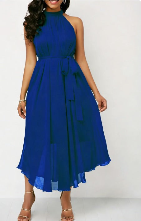 Dames Halter Midi Jurk - Geplooide Chiffon
