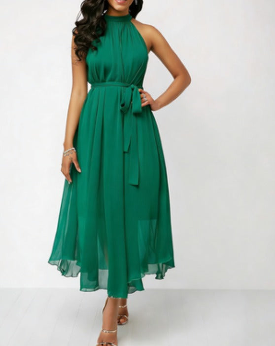 Dames Halter Midi Jurk - Geplooide Chiffon