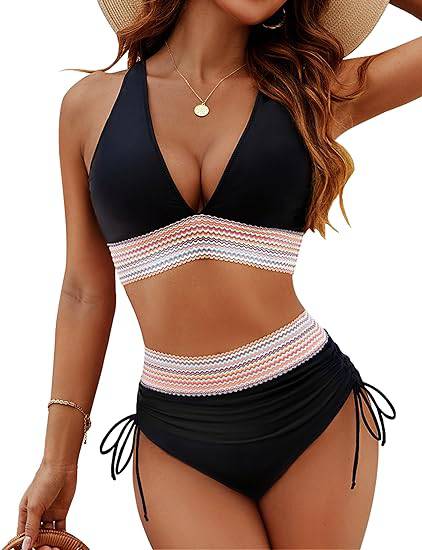 Dames Halternek Tweedelige Bikini Set - Bikini met Hoge Taille en Verstelbare Ruches