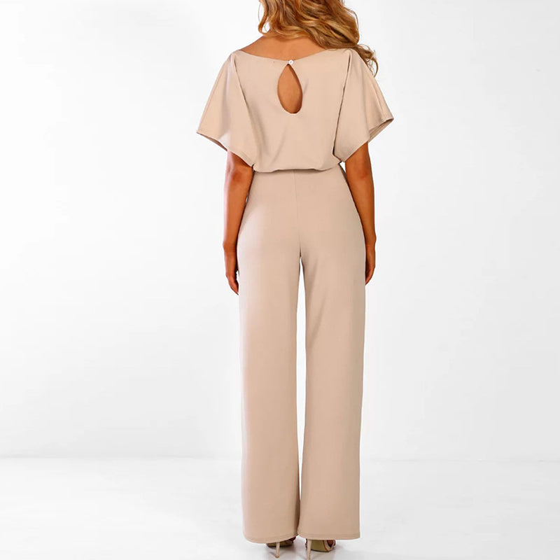 Dames Jumpsuit met Wijde Pijpen – Korte Mouwen en Ceintuur in de Taille