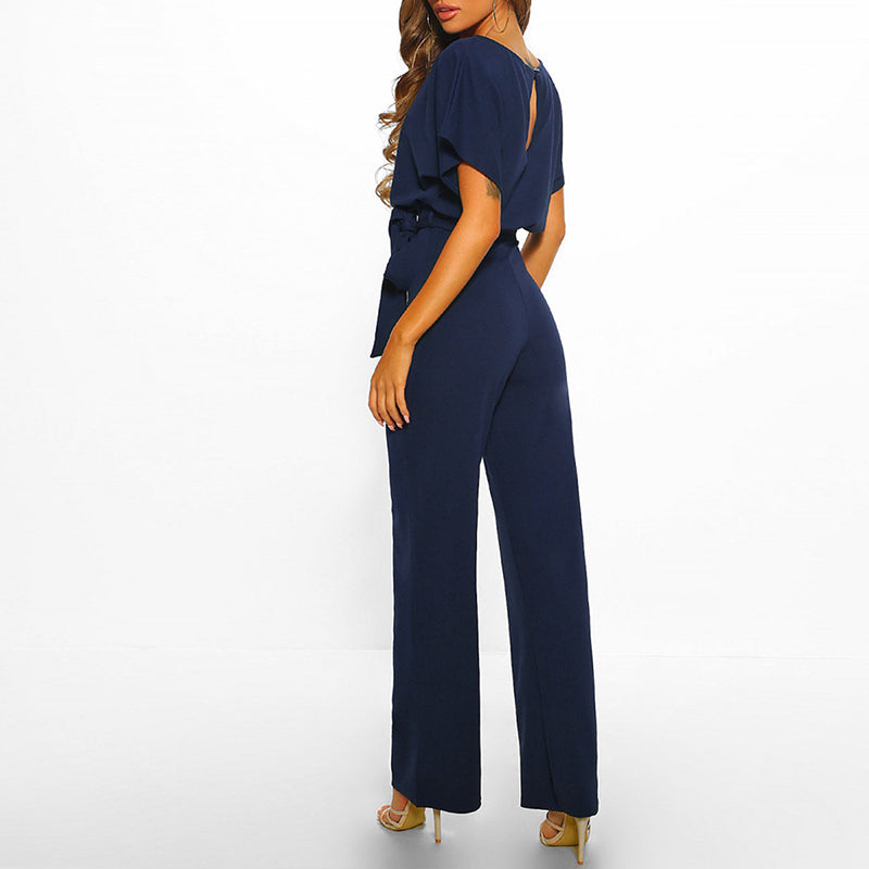 Dames Jumpsuit met Wijde Pijpen – Korte Mouwen en Ceintuur in de Taille