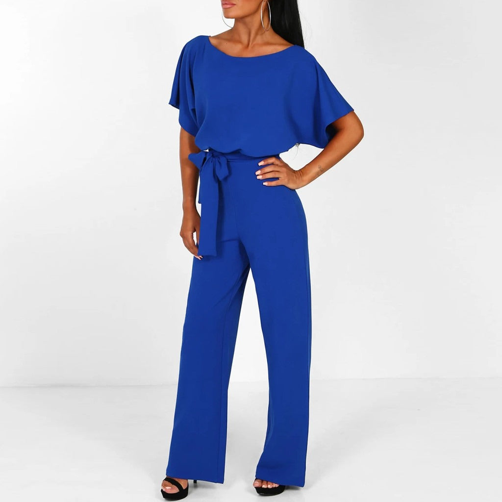 Dames Jumpsuit met Wijde Pijpen – Korte Mouwen en Ceintuur in de Taille