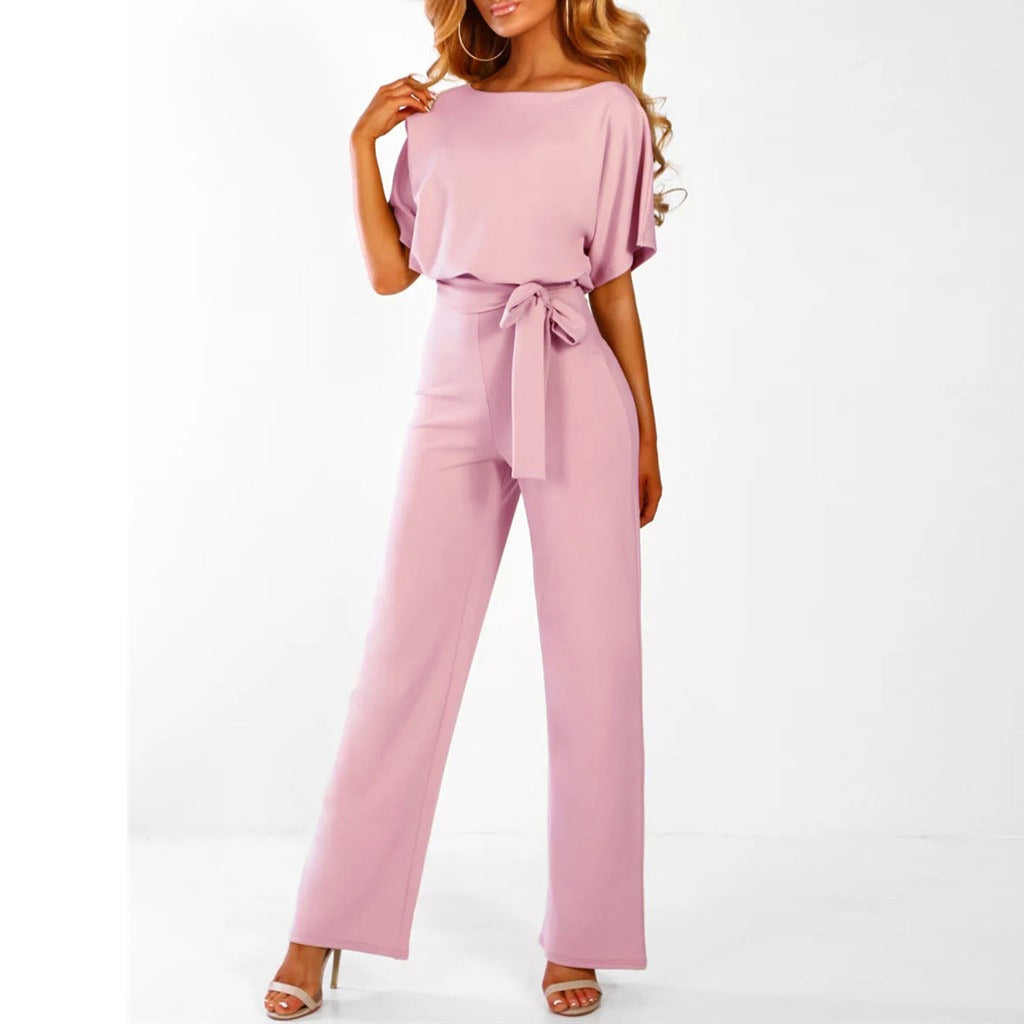 Dames Jumpsuit met Wijde Pijpen – Korte Mouwen en Ceintuur in de Taille