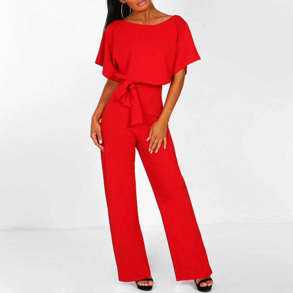 Dames Jumpsuit met Wijde Pijpen – Korte Mouwen en Ceintuur in de Taille