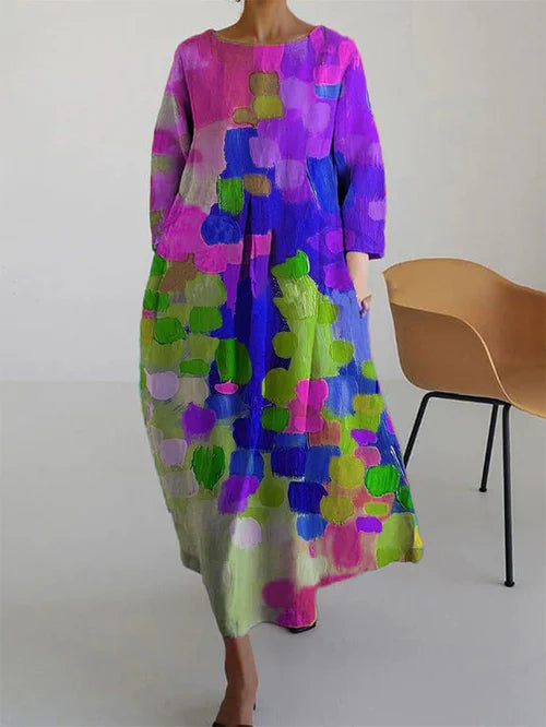 Dames Lange Mouw Maxi Jurk - Ronde Hals Abstracte Print