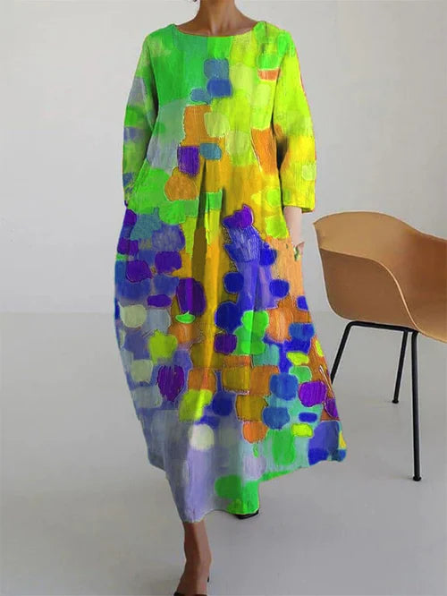 Dames Lange Mouw Maxi Jurk - Ronde Hals Abstracte Print