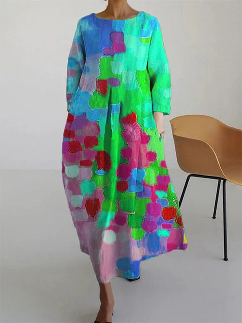 Dames Lange Mouw Maxi Jurk - Ronde Hals Abstracte Print