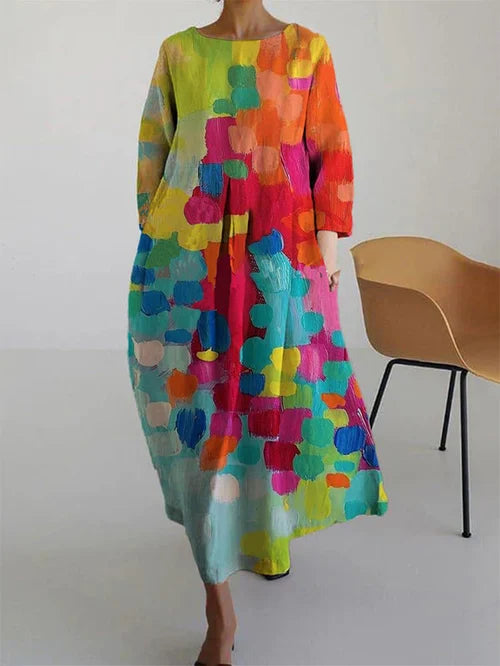 Dames Lange Mouw Maxi Jurk - Ronde Hals Abstracte Print