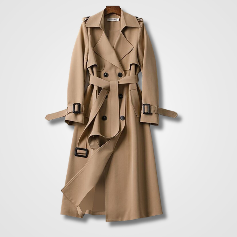 Dames Lange Trenchcoat - Dubbele Knoopsluiting, Ceintuur en Inkepingrevers