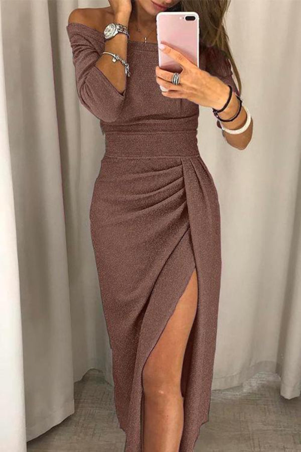 Dames Maxi Jurk met Blote Schouders - Gerimpelde Rok met Split