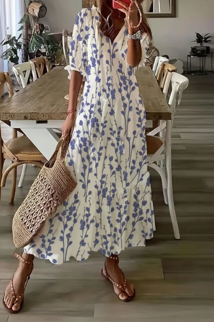 Dames Maxi Jurk met Halflange Mouwen - V-hals met Kwastjes en Gelaagde Rok