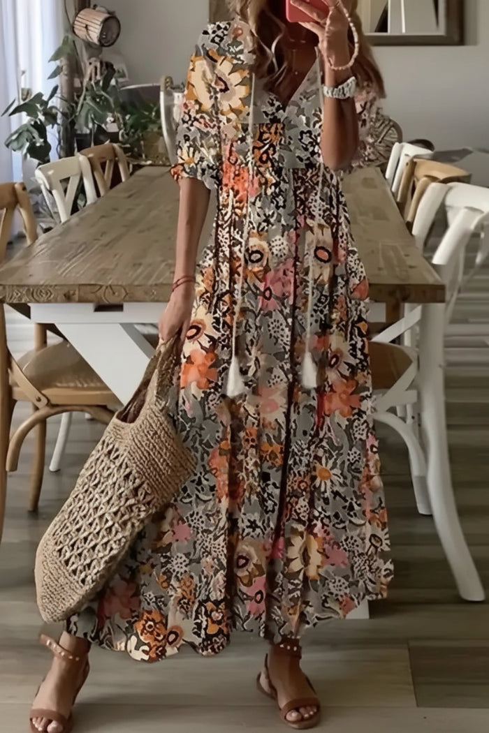 Dames Maxi Jurk met Halflange Mouwen - V-hals met Kwastjes en Gelaagde Rok
