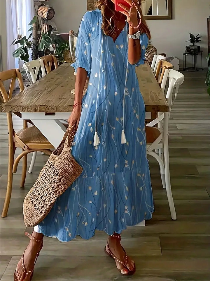 Dames Maxi Jurk met Halflange Mouwen - V-hals met Kwastjes en Gelaagde Rok
