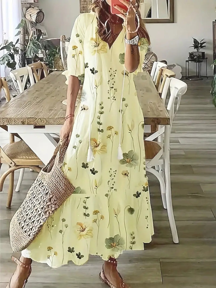 Dames Maxi Jurk met Halflange Mouwen - V-hals met Kwastjes en Gelaagde Rok