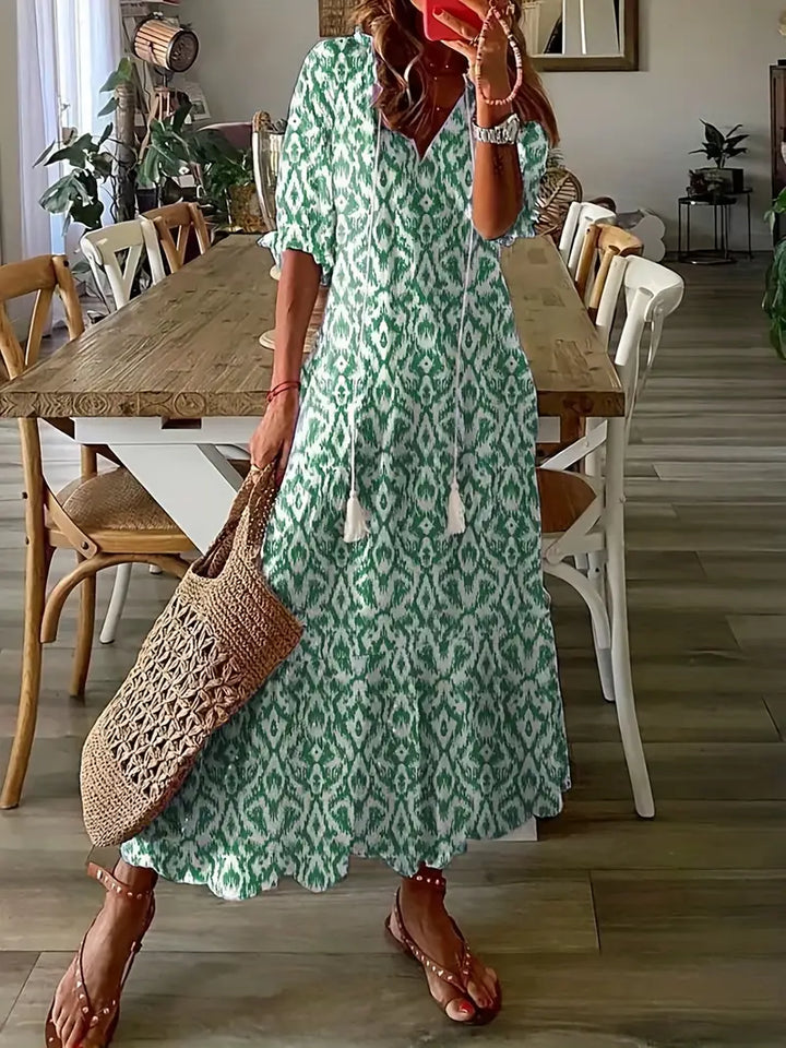 Dames Maxi Jurk met Halflange Mouwen - V-hals met Kwastjes en Gelaagde Rok