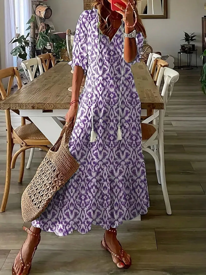 Dames Maxi Jurk met Halflange Mouwen - V-hals met Kwastjes en Gelaagde Rok