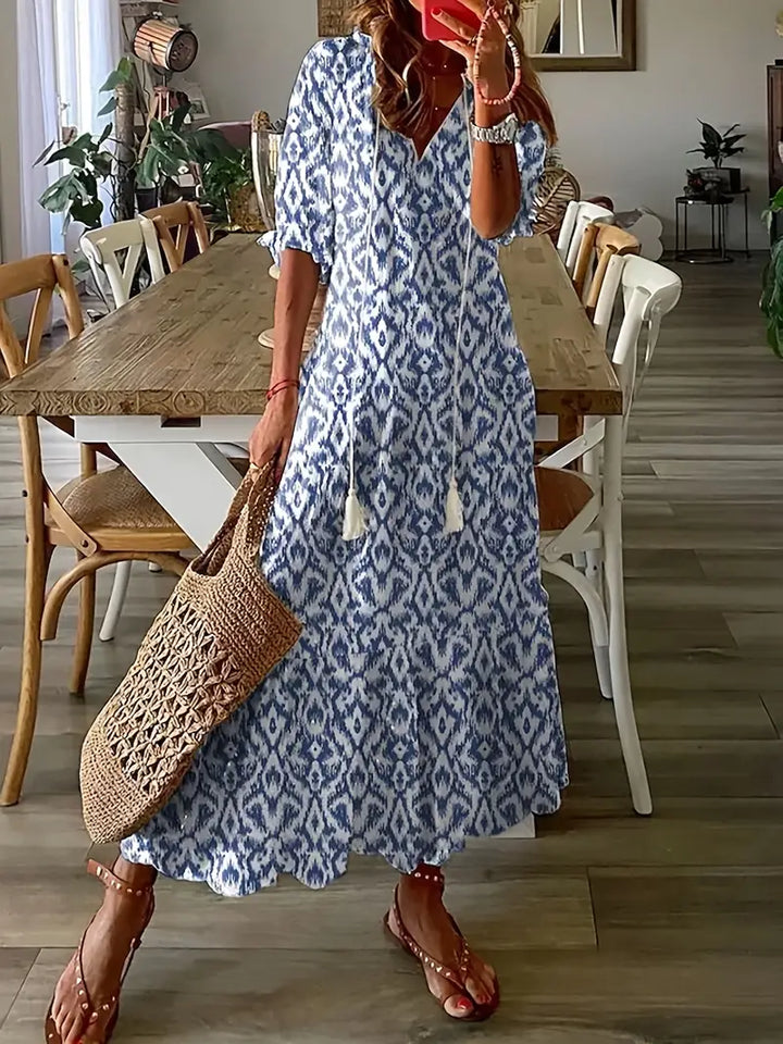 Dames Maxi Jurk met Halflange Mouwen - V-hals met Kwastjes en Gelaagde Rok