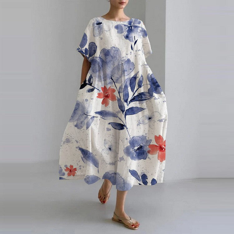 Dames Maxi Jurk met Korte Mouwen - Ronde Hals