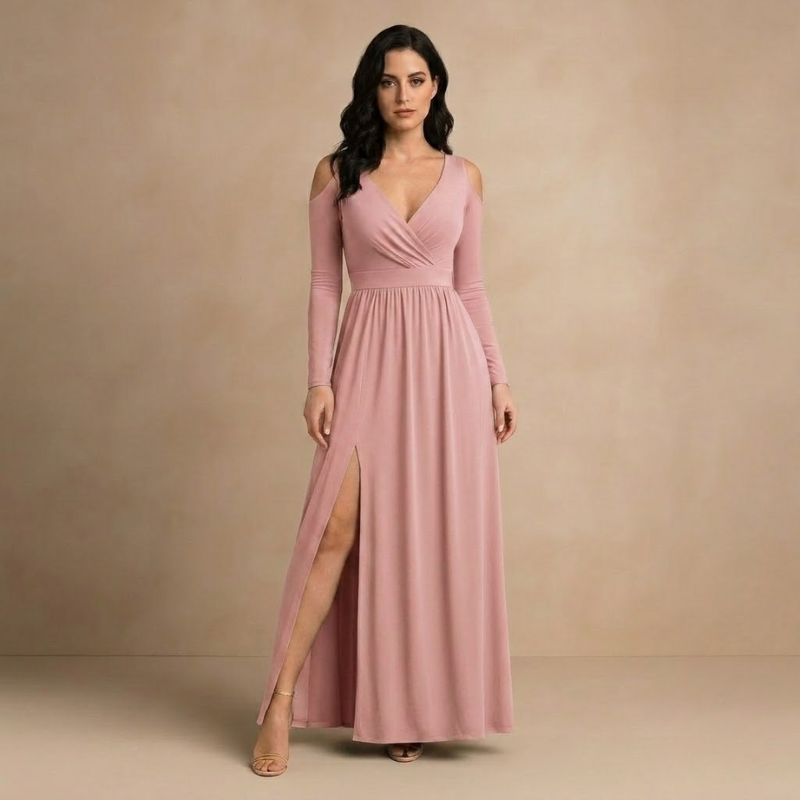 Dames Maxi Jurk met Lange Mouwen - Cold Shoulder Wikkelvoorkant