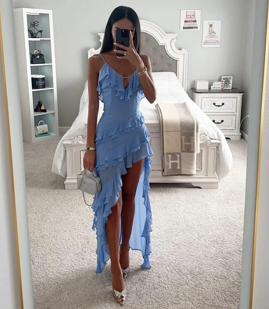Dames Maxi Jurk met Volants - V-Hals en Asymmetrische Zoom
