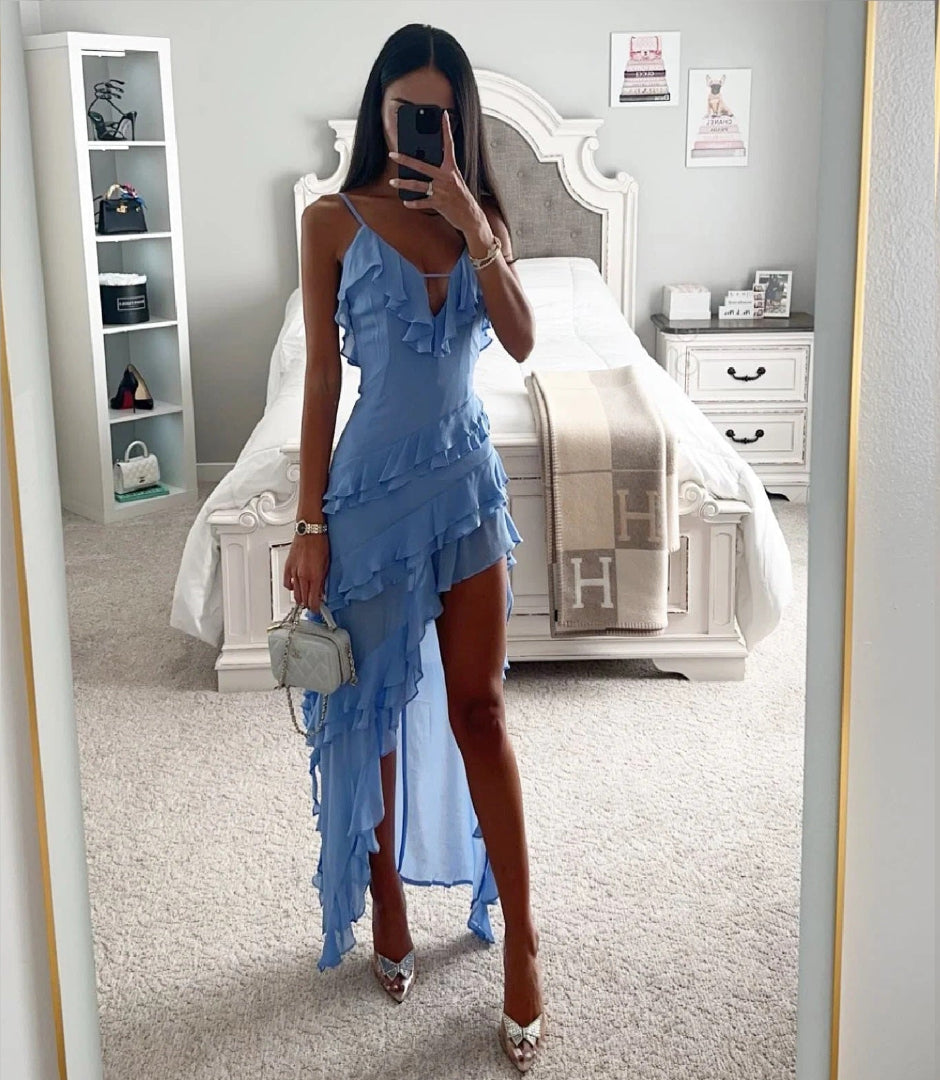 Dames Maxi Jurk met Volants - V-Hals en Asymmetrische Zoom