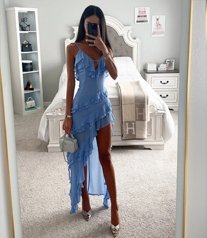 Dames Maxi Jurk met Volants - V-Hals en Asymmetrische Zoom