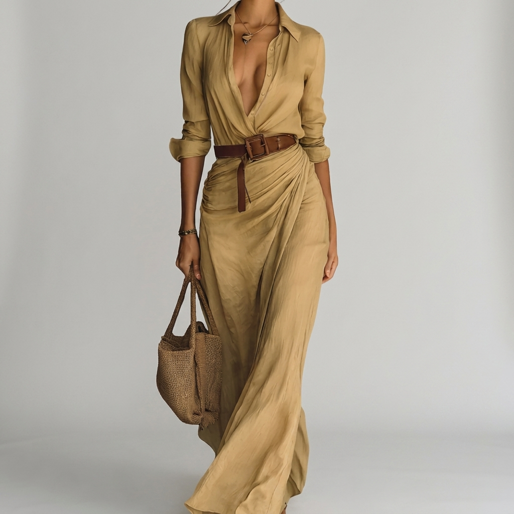 Dames Maxi Overhemdjurk - Gerimpelde Taille met Ceintuur