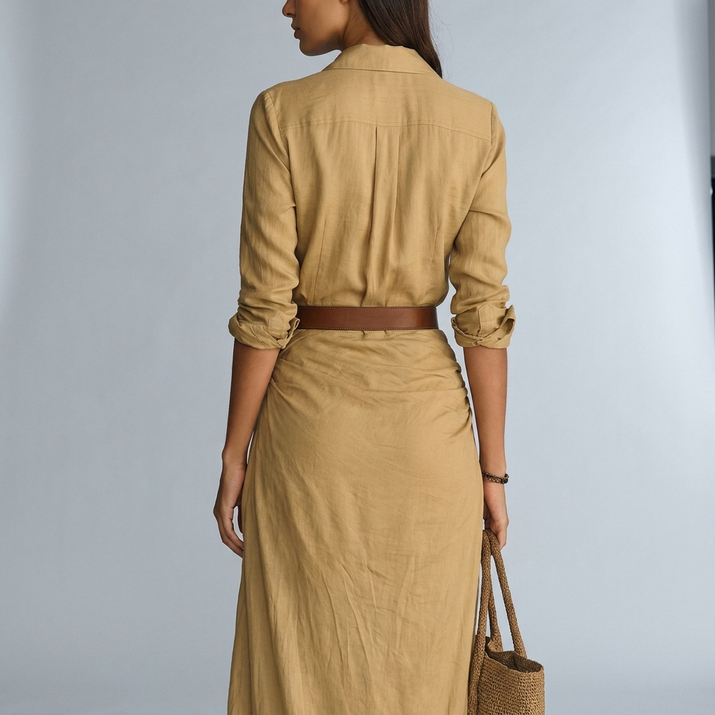 Dames Maxi Overhemdjurk - Gerimpelde Taille met Ceintuur