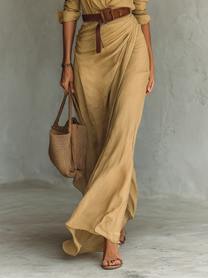 Dames Maxi Overhemdjurk - Gerimpelde Taille met Ceintuur