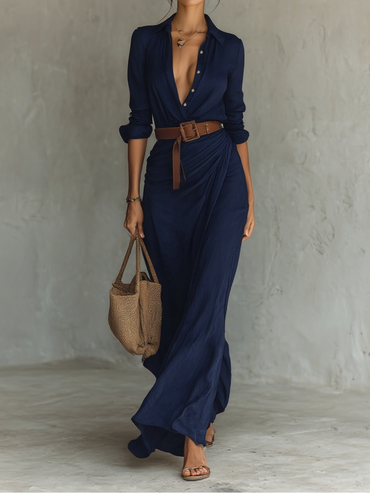 Dames Maxi Overhemdjurk - Gerimpelde Taille met Ceintuur