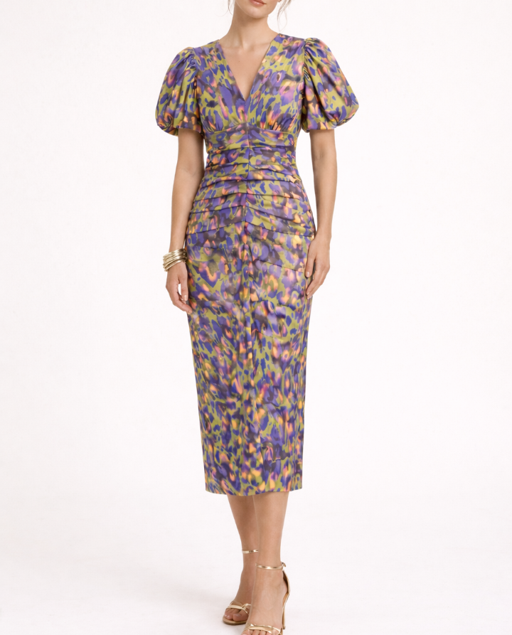 Dames Midi Jurk met Bloemenprint - Pofmouwen