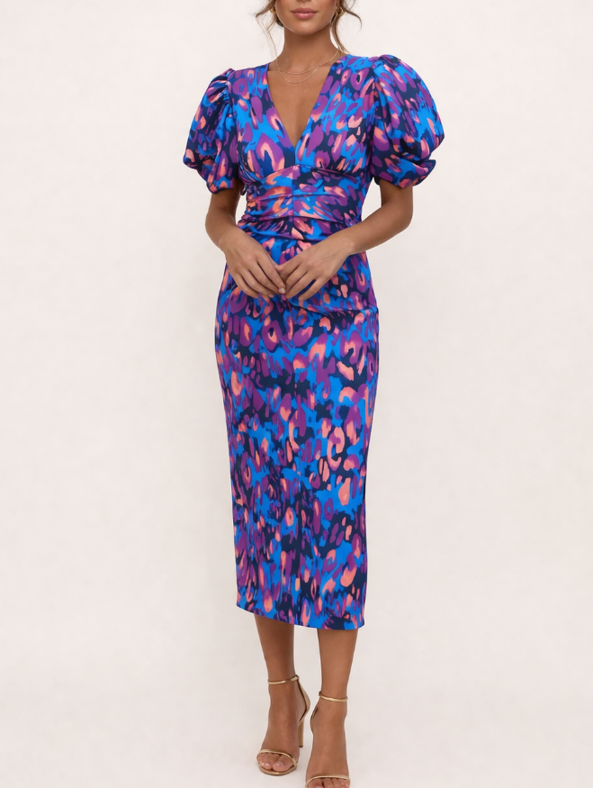 Dames Midi Jurk met Bloemenprint - Pofmouwen