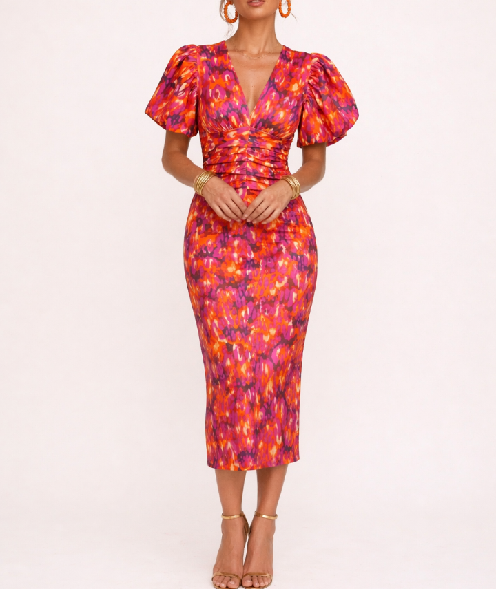 Dames Midi Jurk met Bloemenprint - Pofmouwen