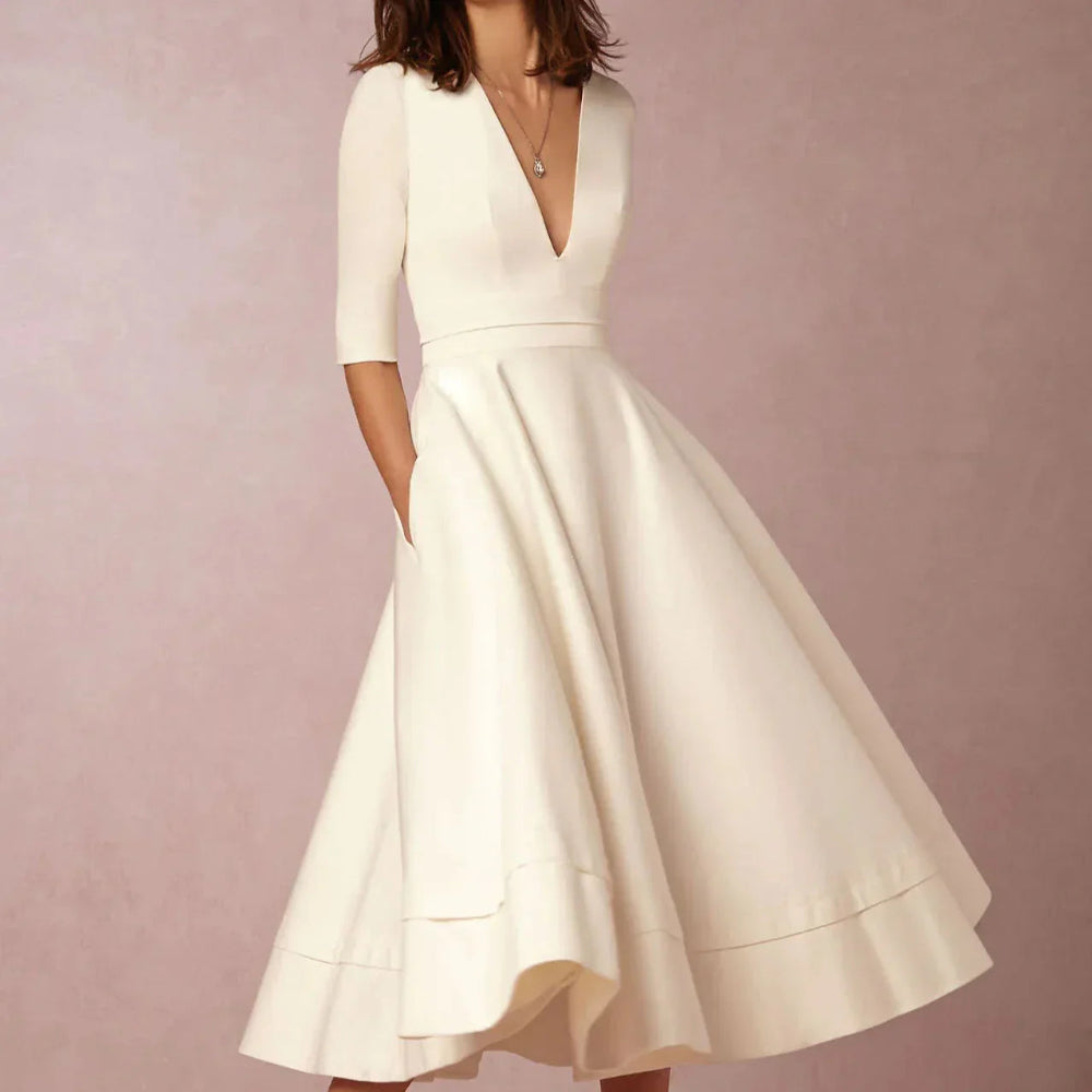 Dames Midi Jurk met Diepe V-hals - Halflange Mouwen en Fit-and-Flare