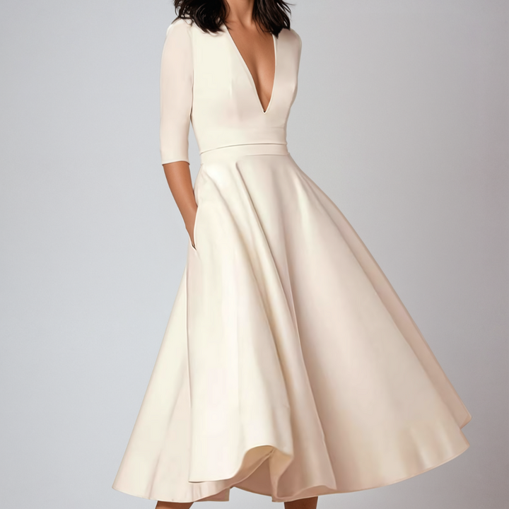 Dames Midi Jurk met Diepe V-hals - Halflange Mouwen en Fit-and-Flare