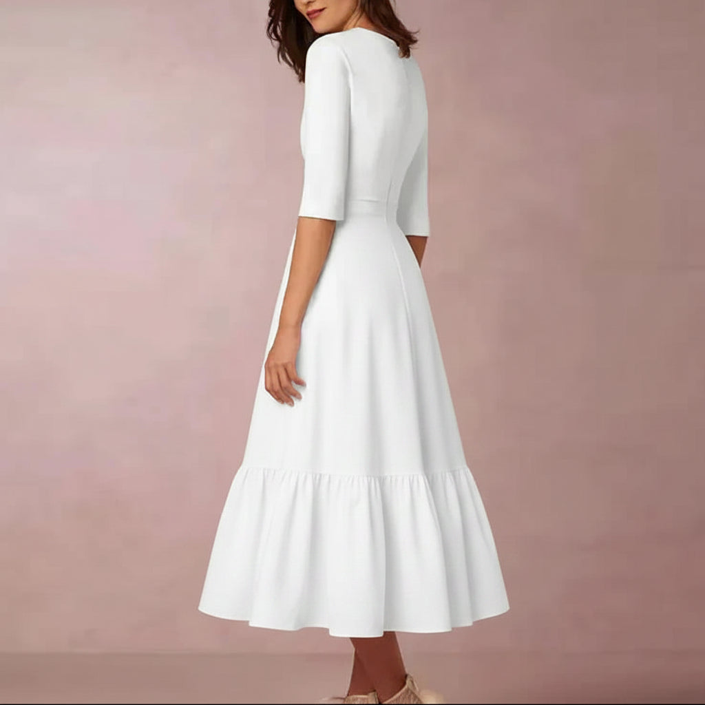 Dames Midi Jurk met Diepe V-hals - Halflange Mouwen en Fit-and-Flare